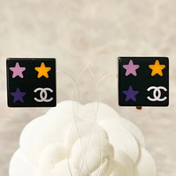 CHANEL CC Logos Star Black Square Clip-On Earrings Gold Tone 03A Auth